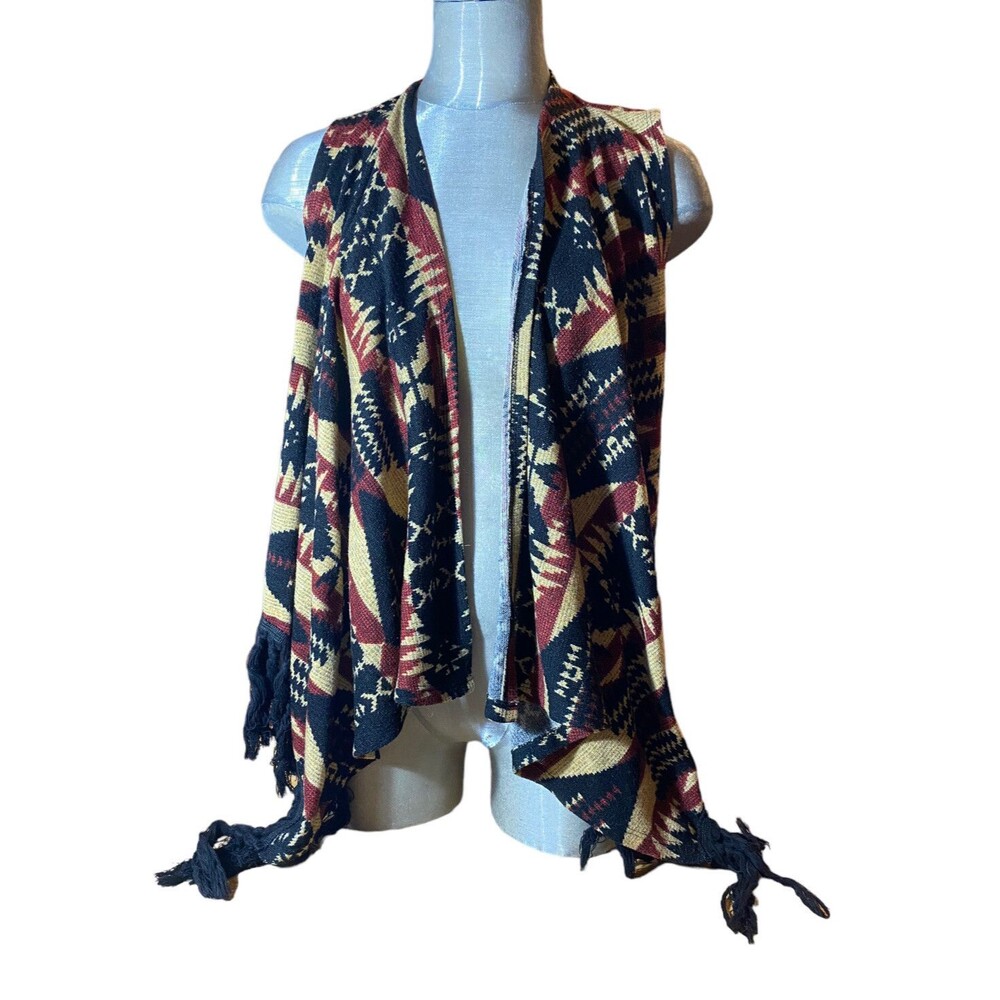 Le Liz Southwestern Style Cardigan Fringe Vest Size Medium Black Brown Rust